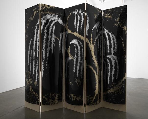 Yours, Patsy Cline screen #1, 2010. Acetate, foil, mdf, 5 panels, 85 x 19 x 1 inches (each panel); 85 x 95 x 1 inches (overall). MP 136