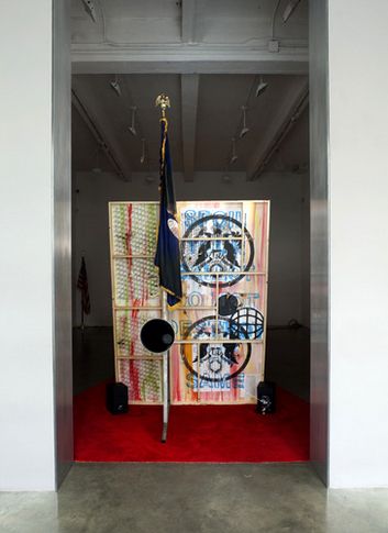Stephen G Rhodes. Whipped Jamboree - Interregnum Repetition Restoration (Whipped Lincoln) and Interregnum Repetition Restoration (Whipped Washington), 2008. Unique dual channel video with voting booth and mixed media, dimensions variable. MP 5