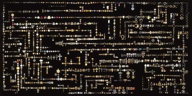 Endless Morphing Flow of Common Decorative Motifs, (Jewelry Case), 2002. Wood, glass, black lacquer, glue, string, buttons, jewelry, 98 x 34 x 50 inches. MP 02-3 (Detail)