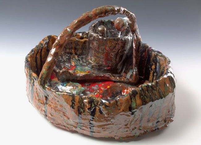 Bride's Basket with Mortar & Pestle, 2007. Ceramic, formica pedestal. Sculpture: 13 x 20 inches (33 x 50.8 cm); pedestal: 30 x 26 x 26 inches (76.2 x 66 x 66 cm). MP 39