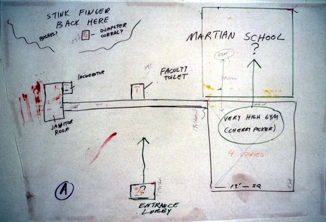 Repressed Spatial Relationships Rendered as Fluid, No. 1: Martian School (Work Site), 2002. Mixed media on butcher paper mounted on rag paper, 35 x 50 1/2 inches. MP 02-13A