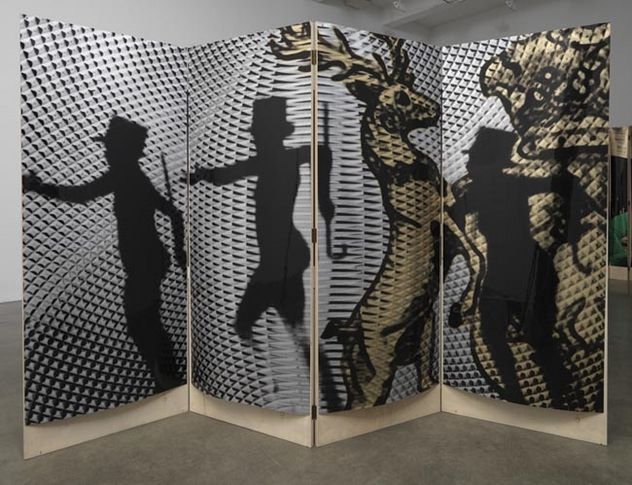 The Heir and Astaire Screen #2, 2010. Acetate, foil, mdf, 4 panels, 77 x 29 3/4 x 1 inches (each panel); 77 x 119 x 1 inches (overall). MP 134