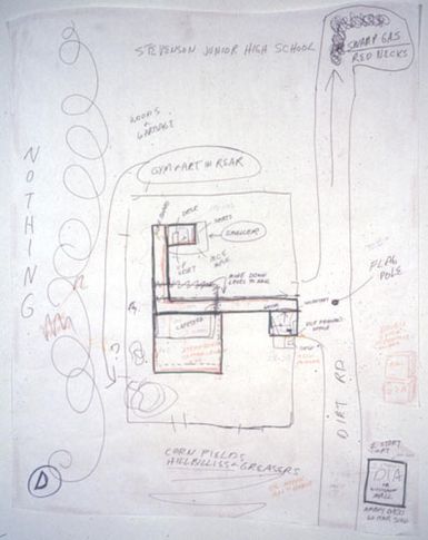 Repressed Spatial Relationships Rendered as Fluid, No. 4: Stevenson Junior High and Satellites, 2002. Mixed media on butcher paper mounted on rag paper, 62 3/4 x 48 inches. MP 02-16A