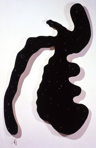 Free Gesture Frozen, Yet Refusing to Submit to Personification (Unfinished Yellow Fingerpainting, Reversed), 1989/2002. Acrylic on velvet mounted on shaped wood panel, jewelry, 90 x 62 x 6 inches. MP 02-11