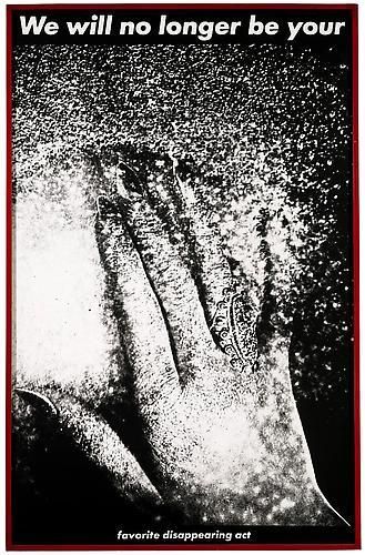 Barbara Kruger, Untitled (We Will No Longer Be Your Favorite Disappearing Act), 1984, unique photographic montage in red painted artist's frame