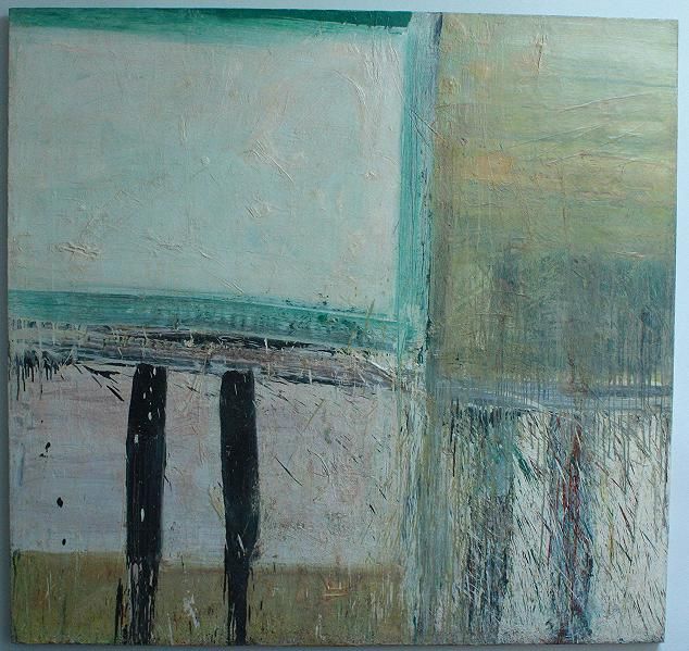 alfred leslie painting with green, yellow, and blue panels