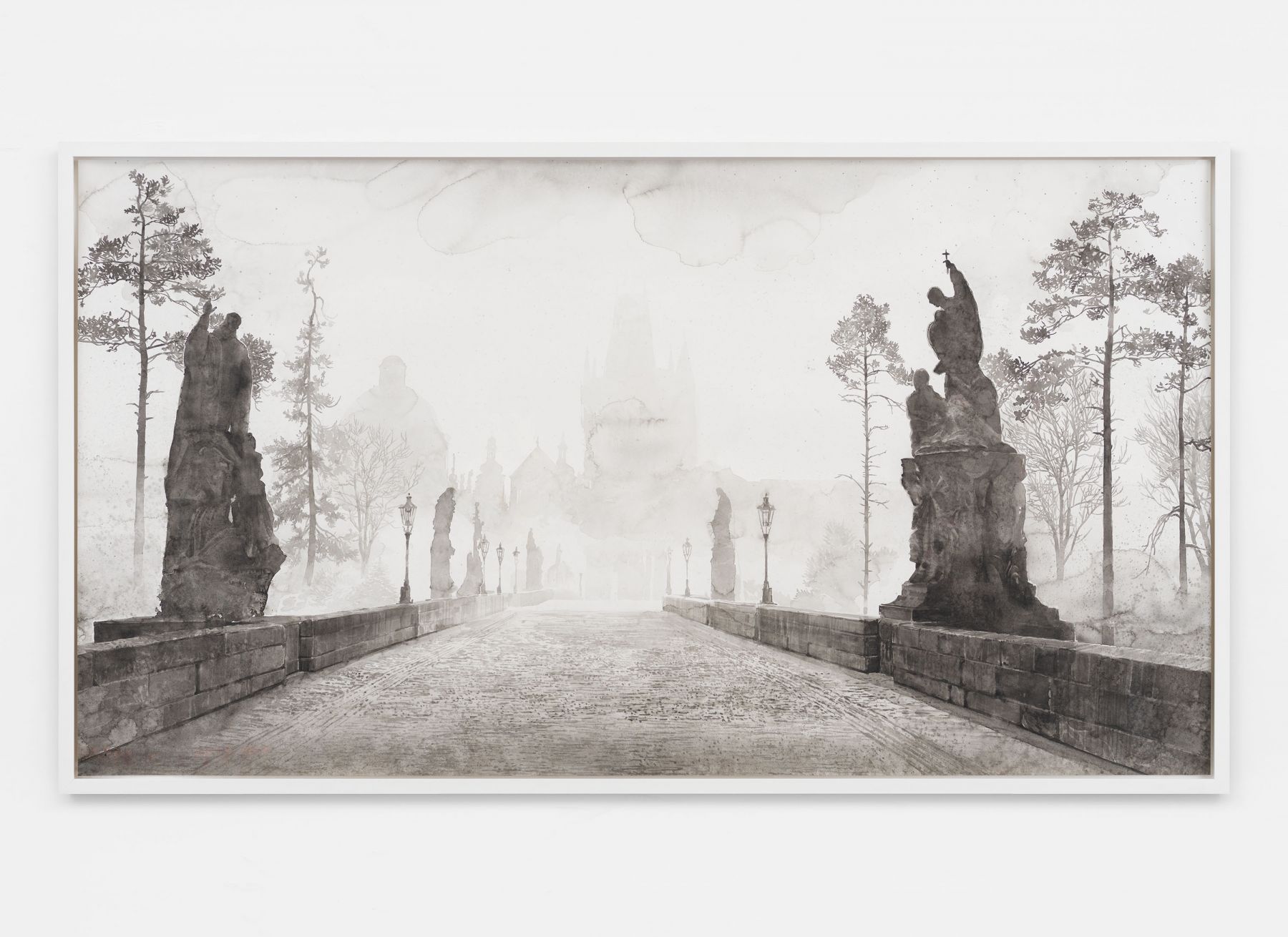 The Bridge, 2019, Black and white watercolor on Arches paper in wooden frame