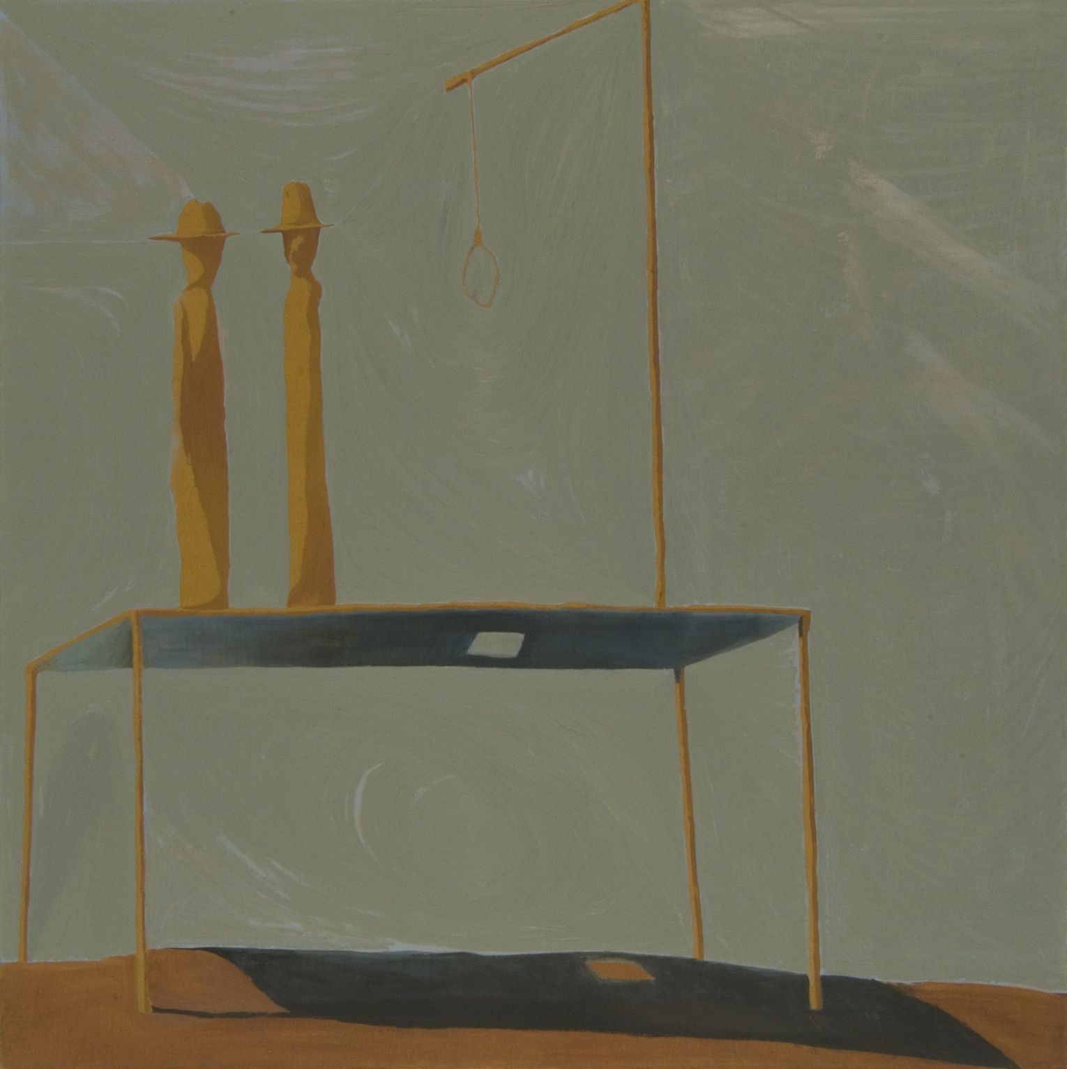 painting of a table with small sculptures by jesse chapman