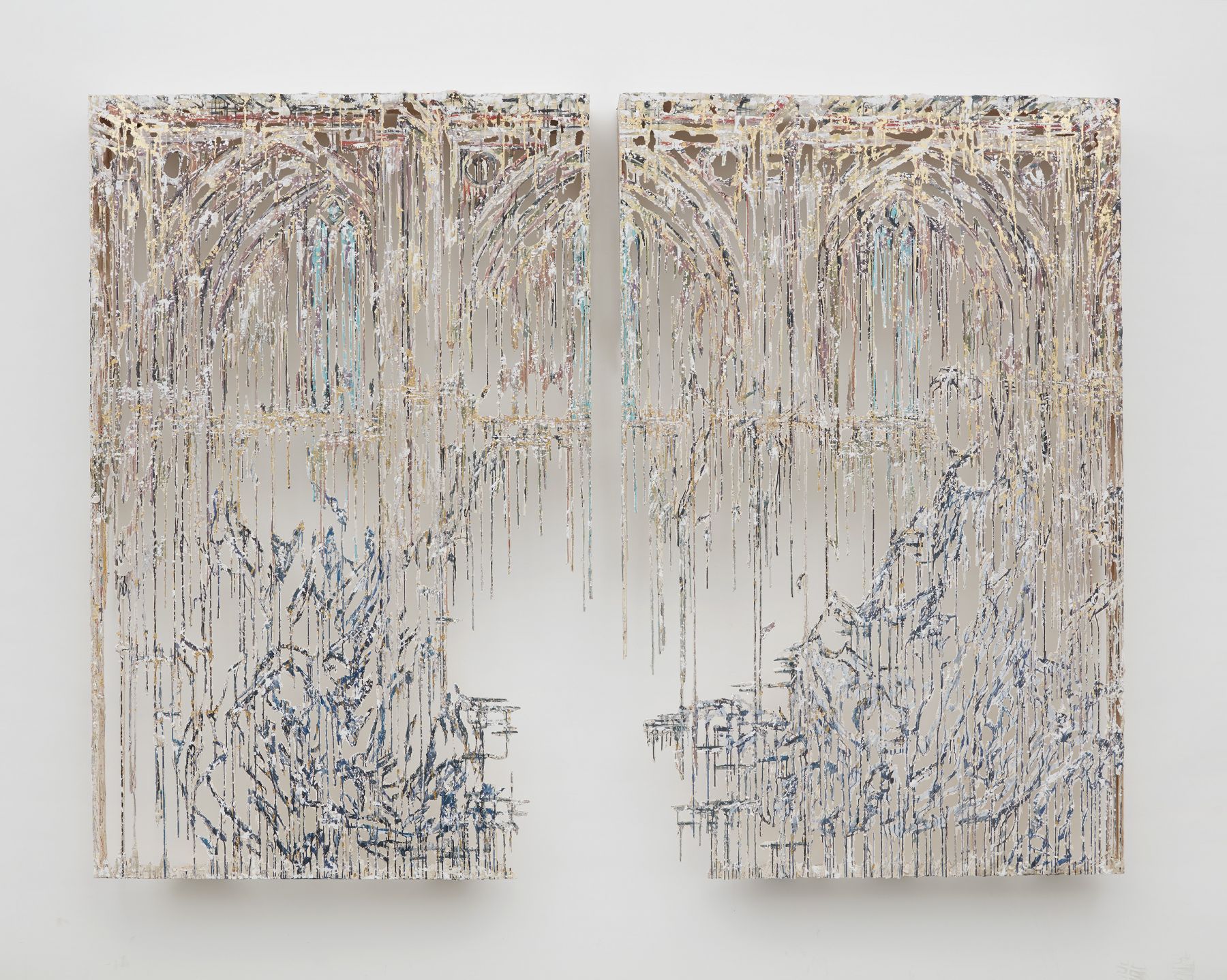 a drip wall panel by Diana Al-Hadid available to buy in a NYC art gallery
