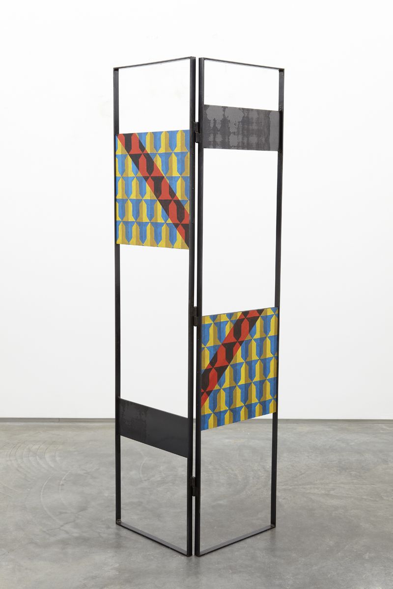 sculpture by melissa gordon with black steel frame and patterned wood panels