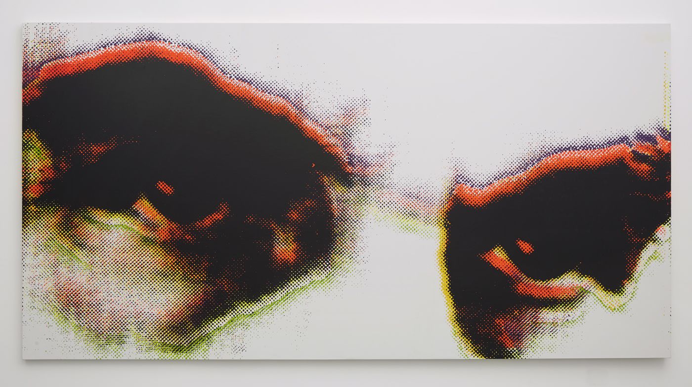 white painting with pixel-like colorful forms by andisheh avini