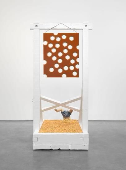 Lot 050816 (honey shot and corn), 2016, Pigmented epoxy resin on linen and wood panel support, acrylic painted wood contraption, with hardware and corn