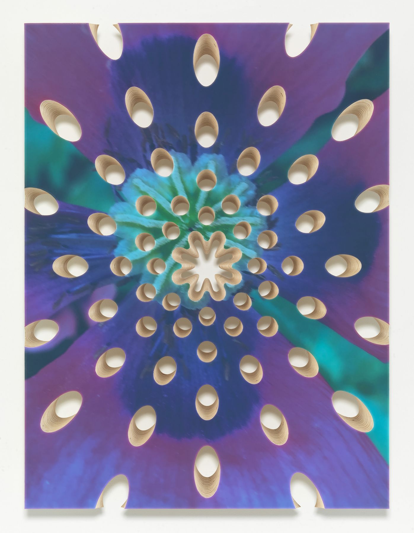 a resin painting by donald moffett in purples and blues reminisicent of a flower