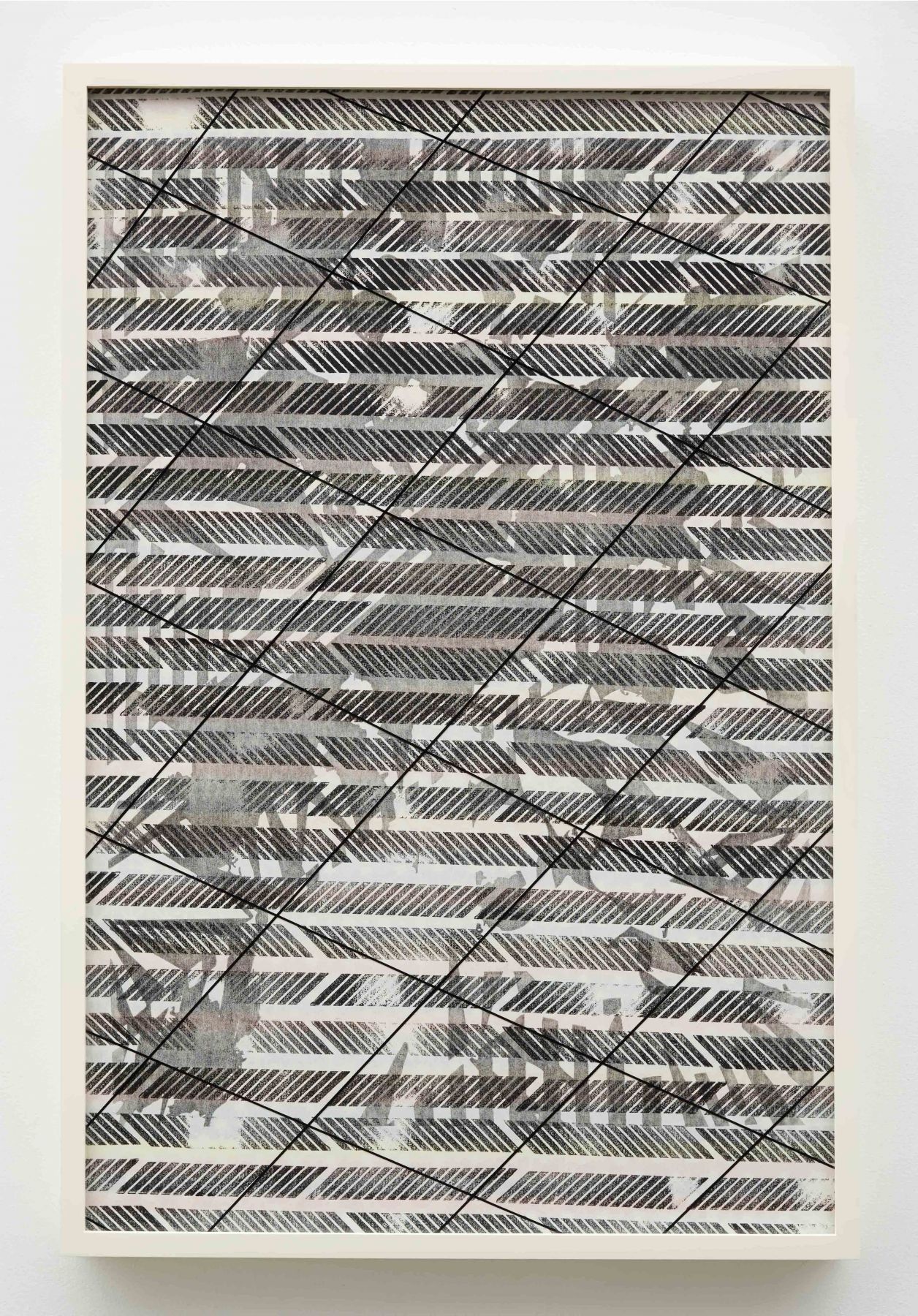 a woodblock print and lacquer on glass by Julia Dault in an exhibition in New York City
