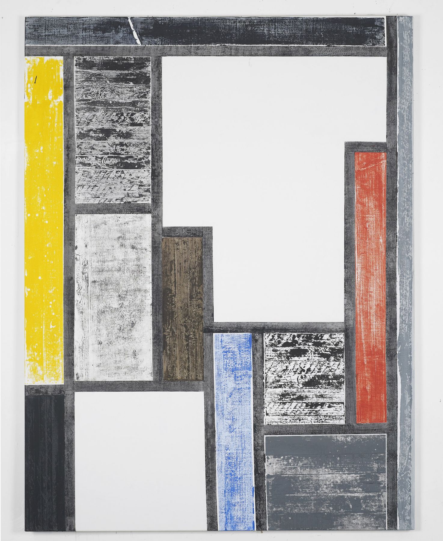 painting by melissa gordon with black, blue, red, yellow, and white rectangles