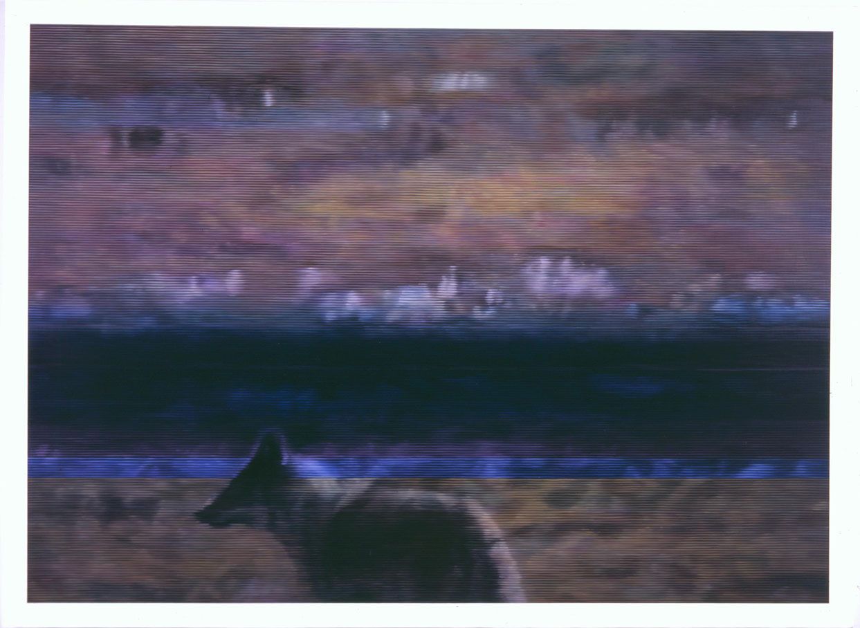 wolf against blue and purple background by kon trubkovich