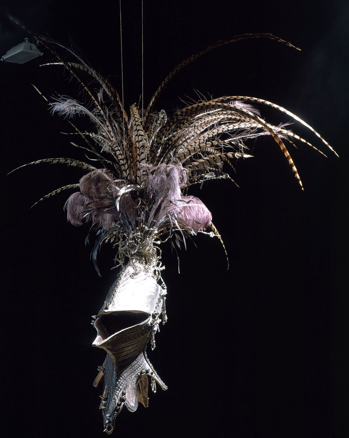 black embroidery with helmet and feathers by angelo filomeno