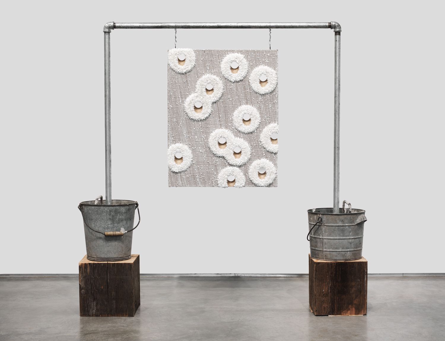 Lot 041410.12 (random F), 2012, oil on linen with wood panel support, timber, galvanized pipe, galvanized bucket, rebar, concrete, hardware