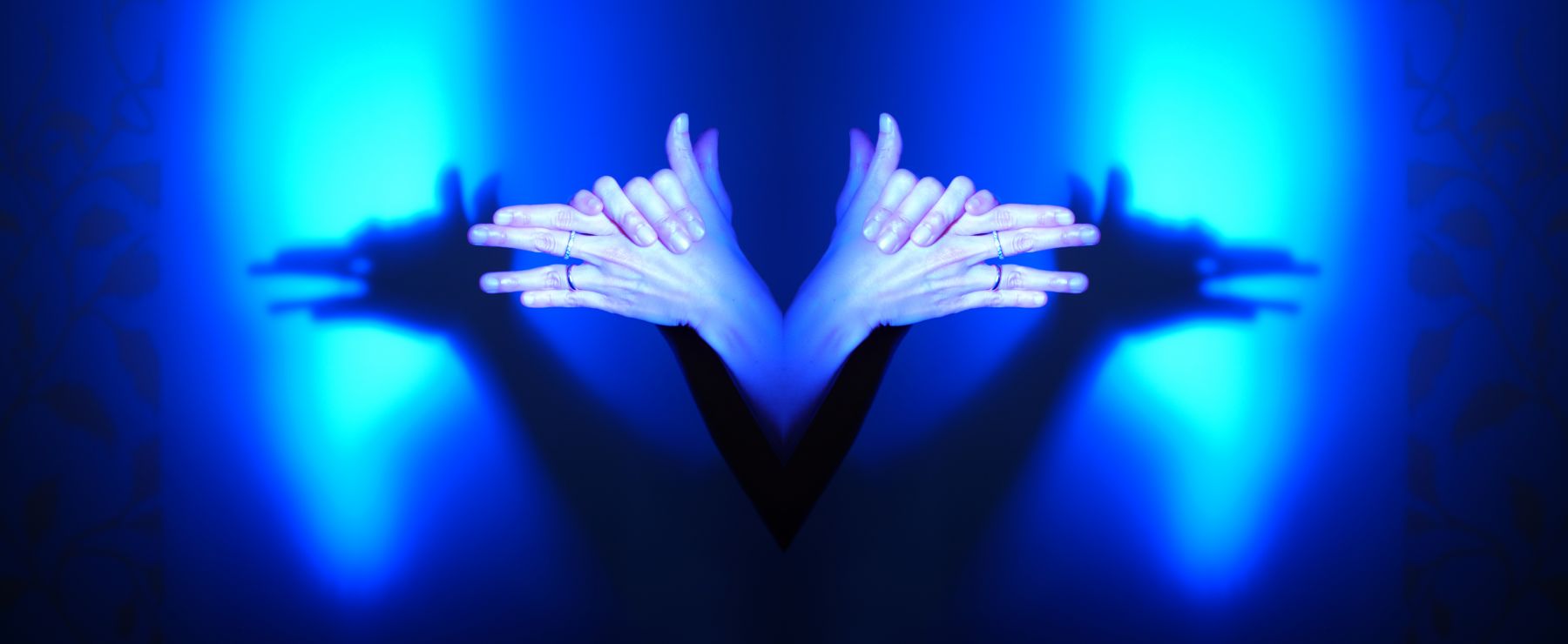 a still of hands making shadows from the film the white wolf by video artist sue de beer