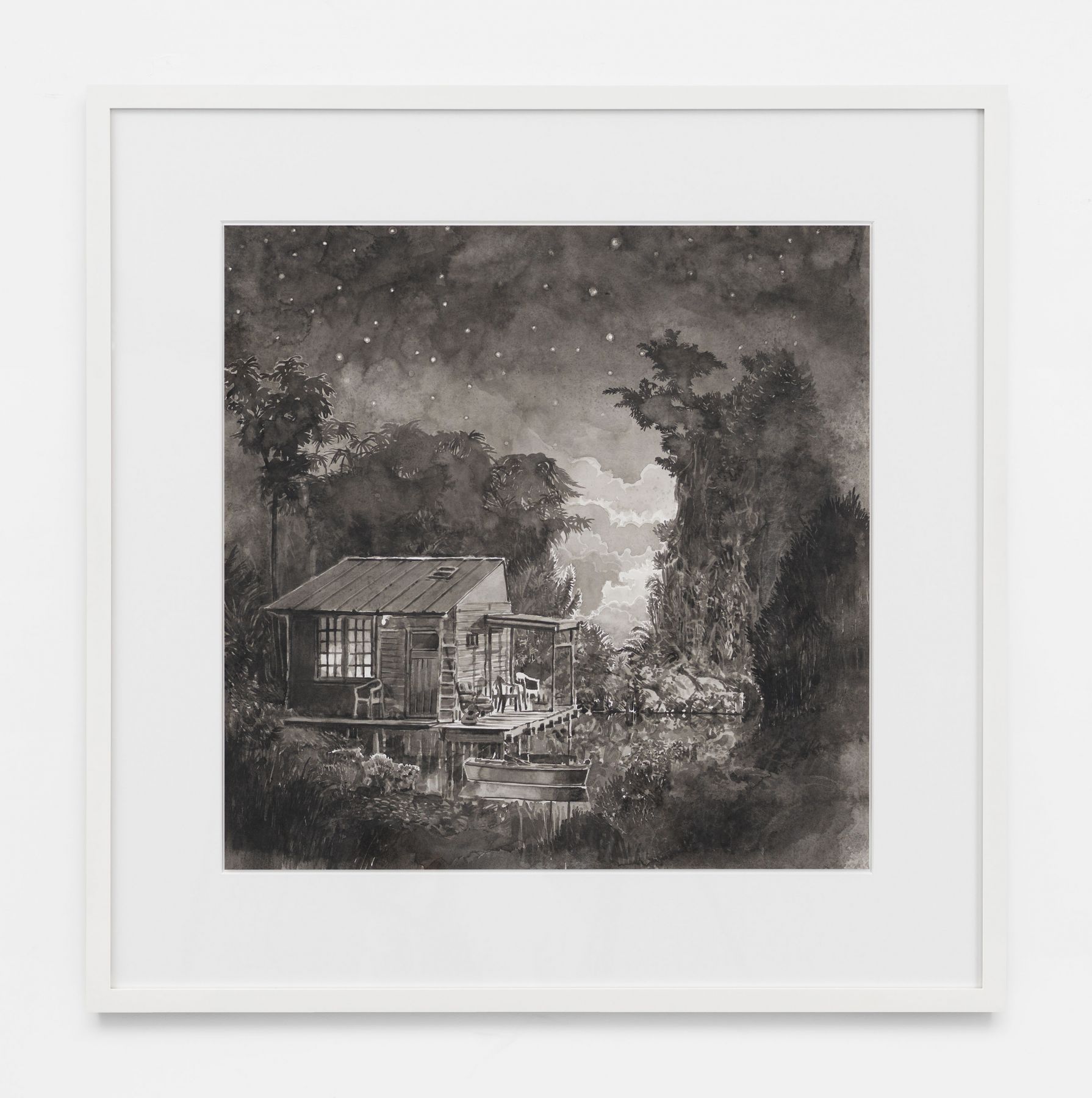 The Lake Dwelling, 2019, Black and white watercolor on Arches paper in wooden frame