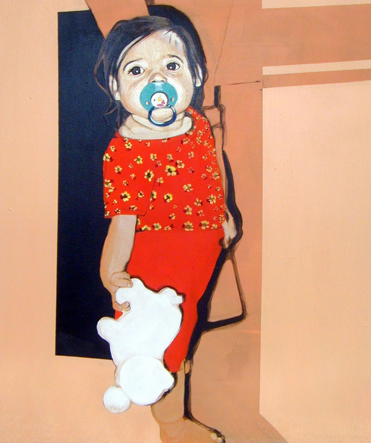 portrait of a toddler with pacifier and stuffed animal by franziska holstein