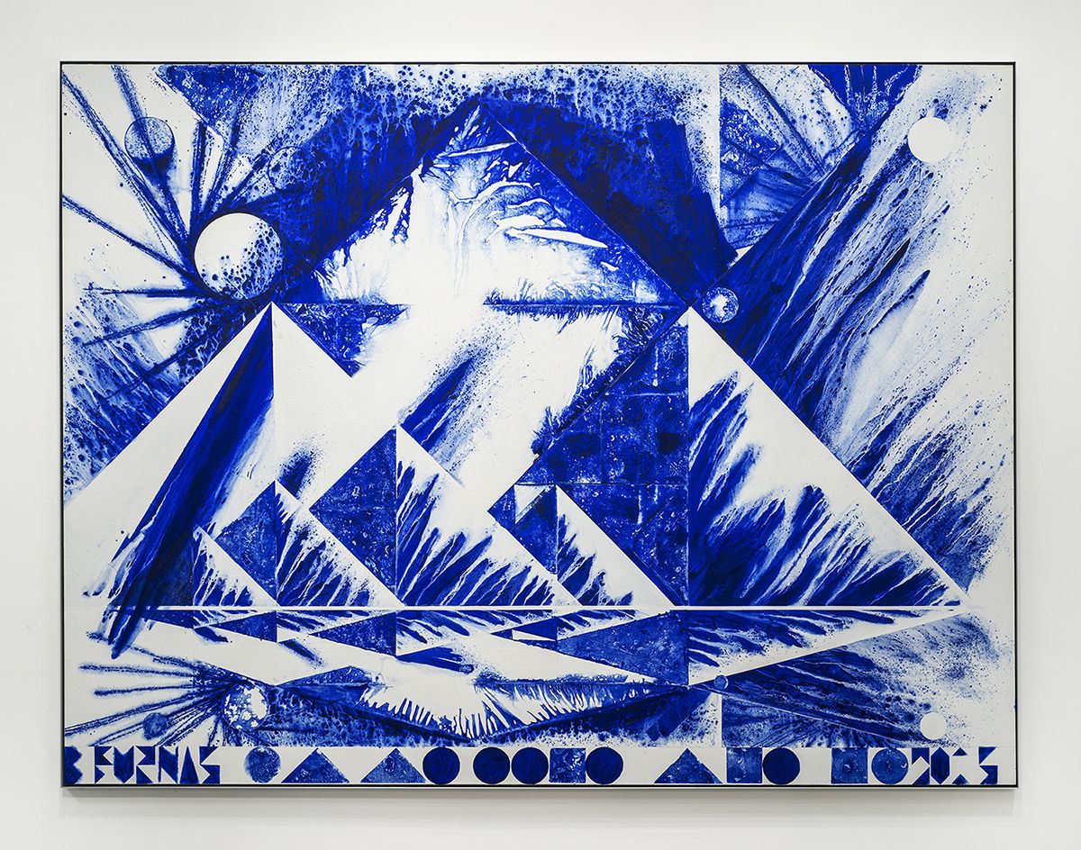 the first morning, a painting of mountains in blue by barnaby furnas in a nyc art gallery