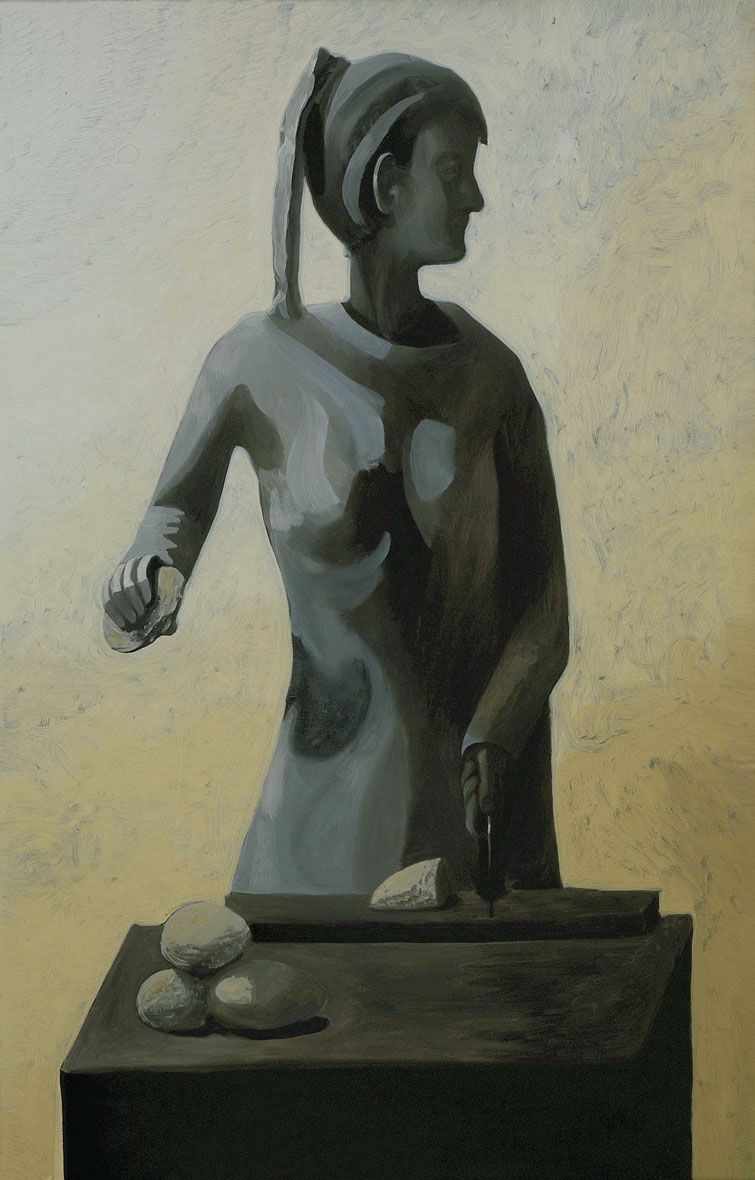 painting of a woman slicing bread by jesse chapman