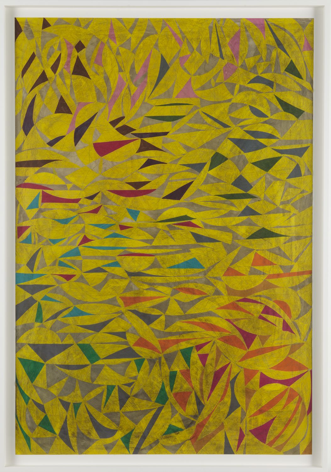 yellow painting with red, brown, and turquoise shapes by william o'brien