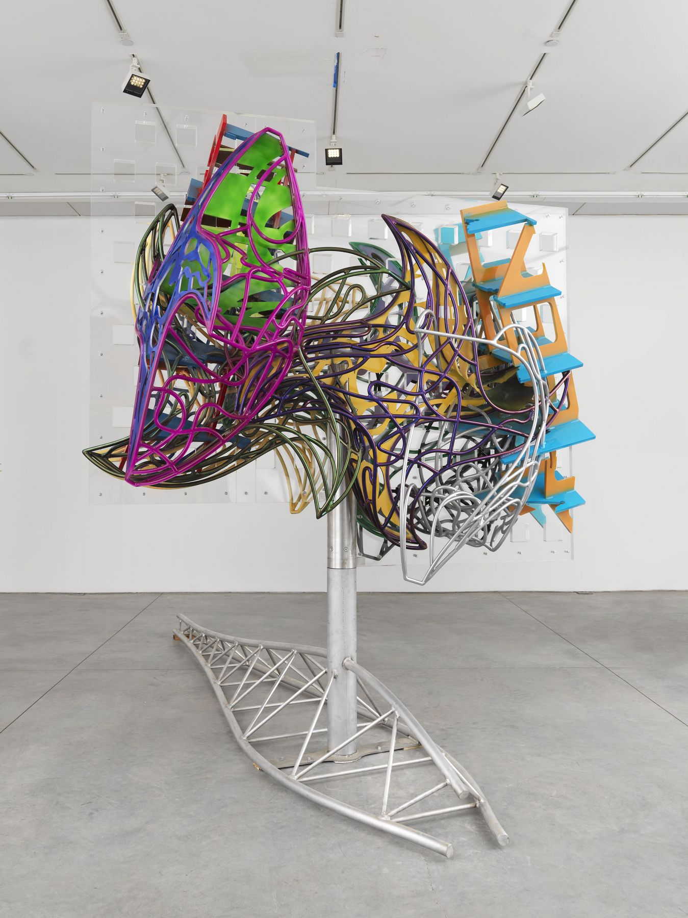 A large kinetic moving sculpture by frank stella available to buy in the gallery
