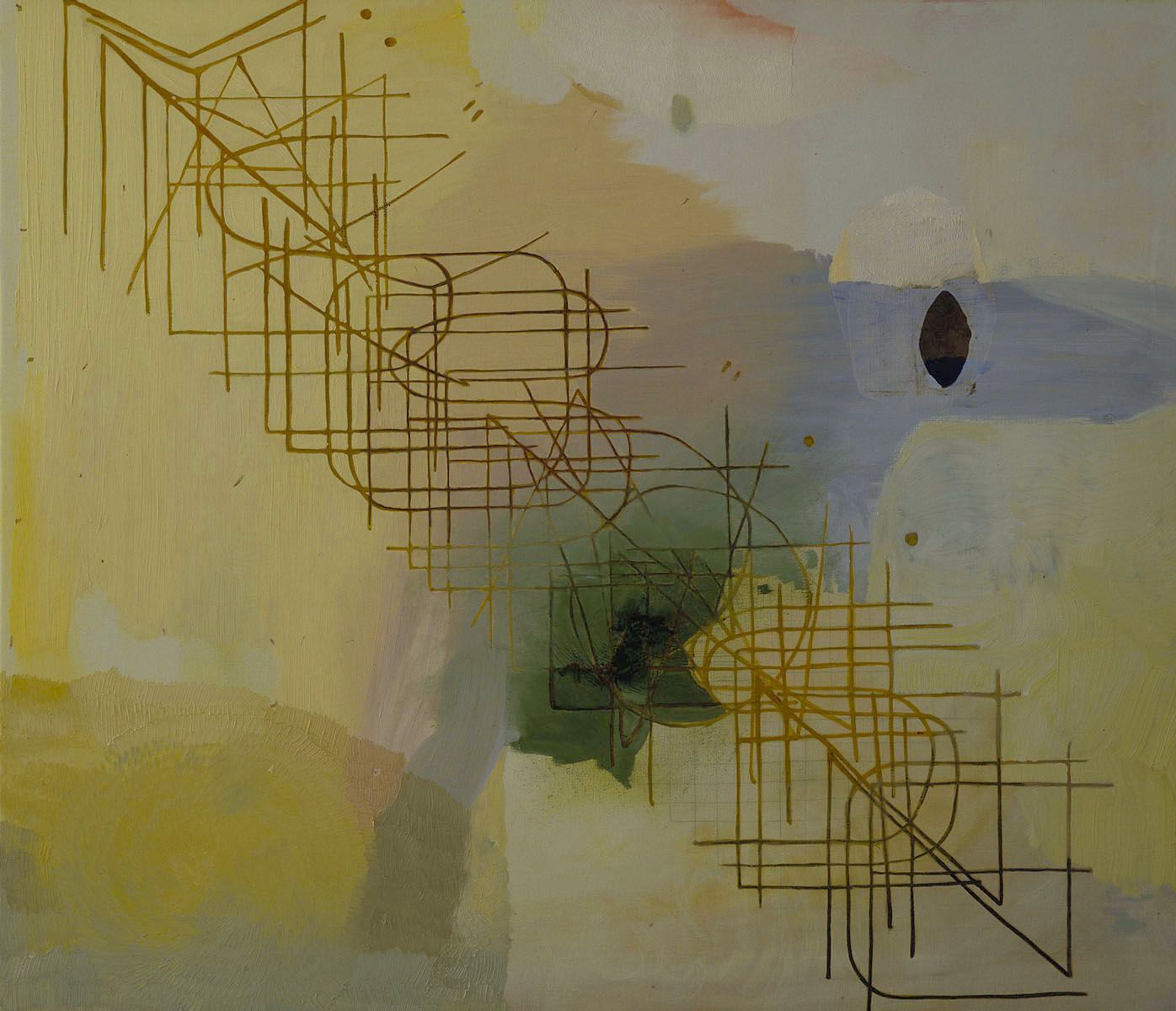 abstract painting with yellow, blue, and pink geometrics by jesse chapman