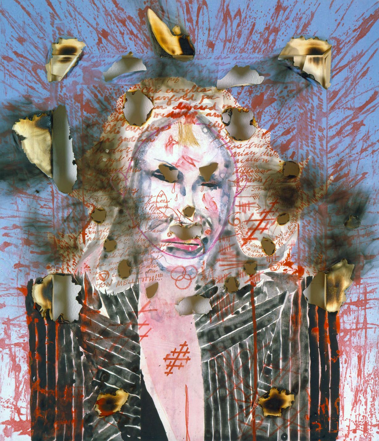 painting of figure wearing black striped suit