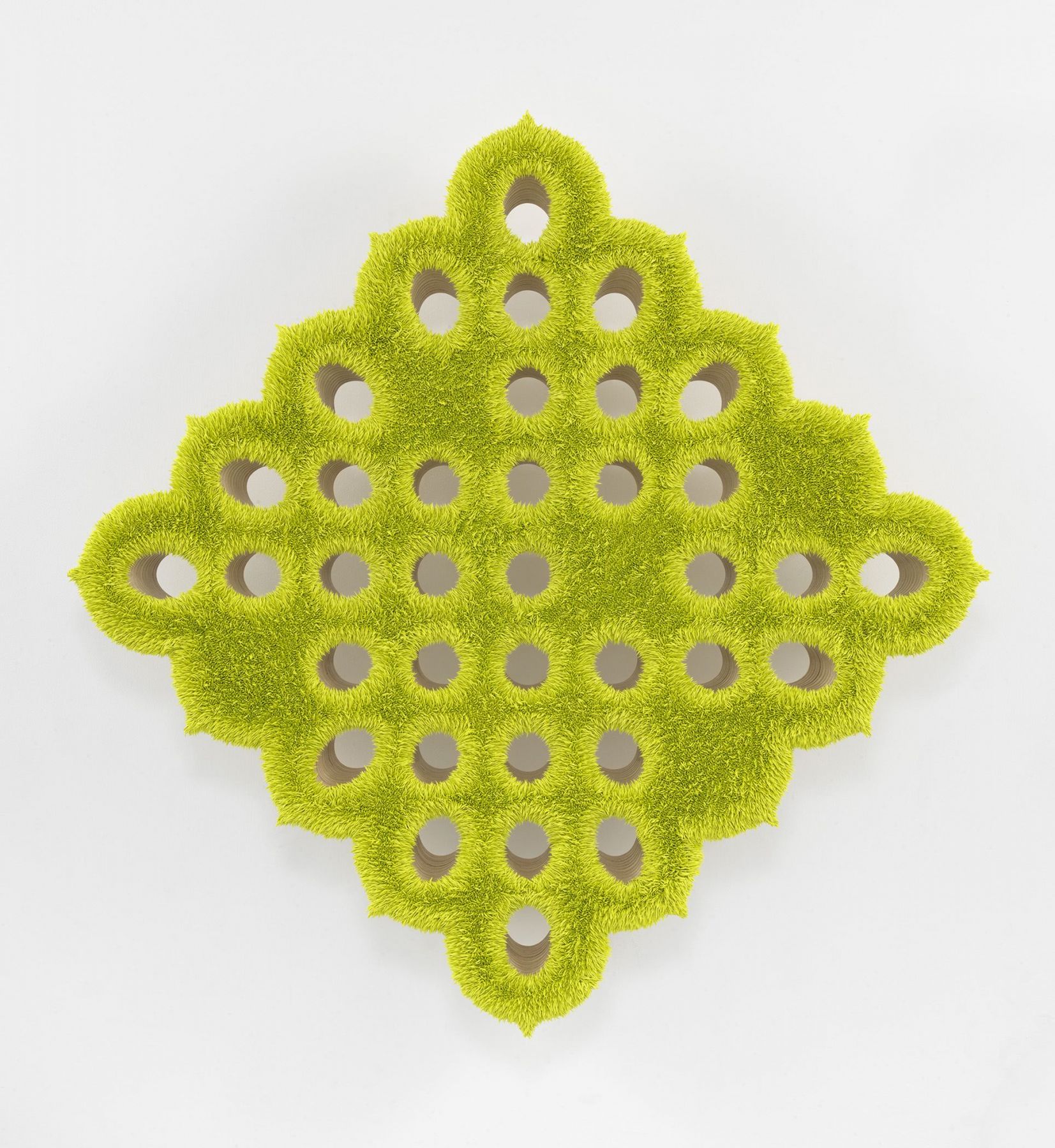 a chartreuse spore painting by donald moffett in an asymmetric geometric grid