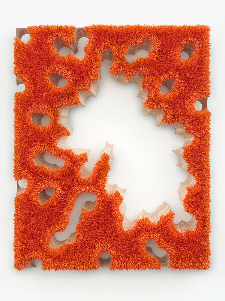 a sculptural painting by donald moffett with nature references in a bright orange color