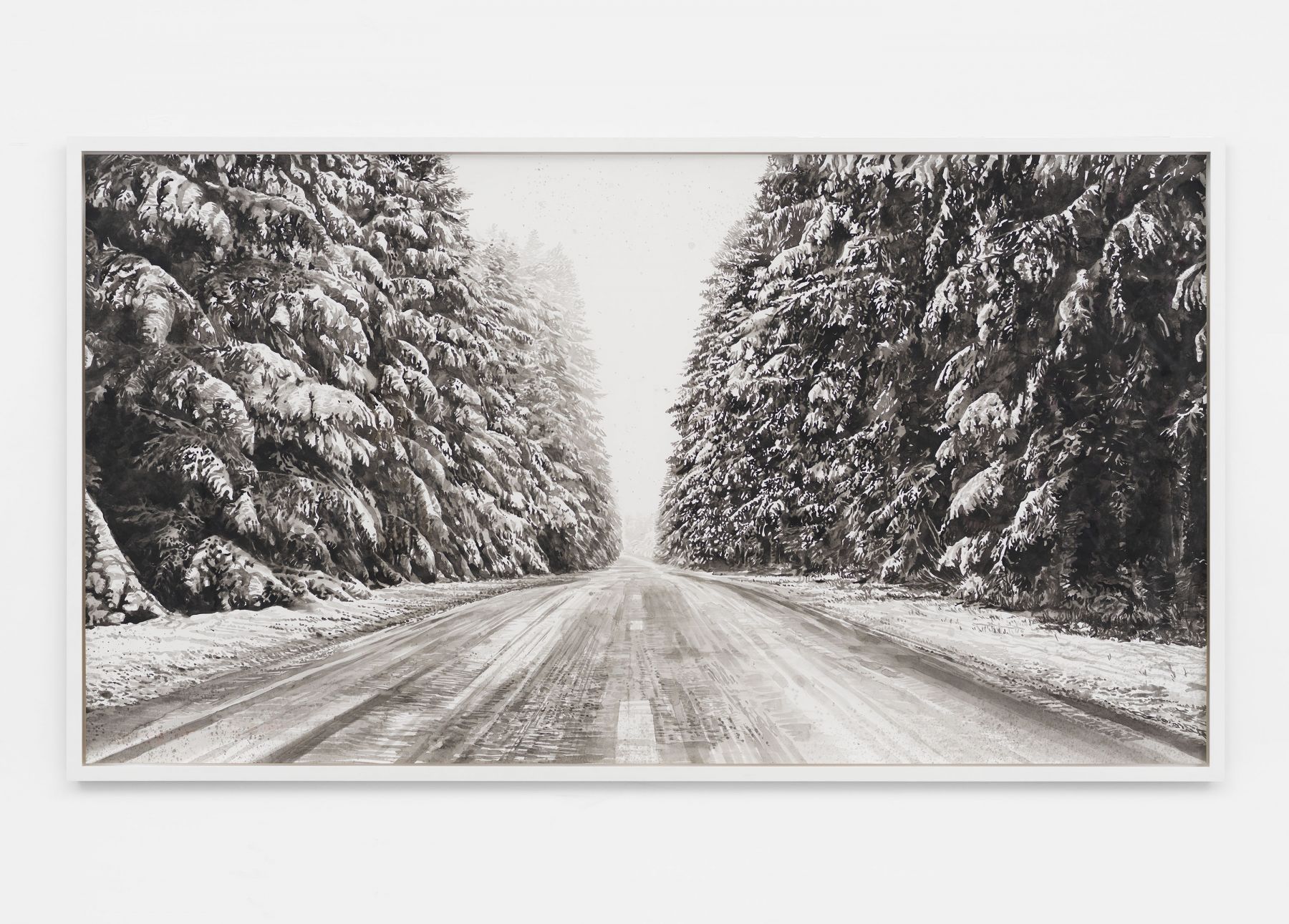 Snow Landscape (road), 2019, Black and white watercolor on Arches paper in wooden frame