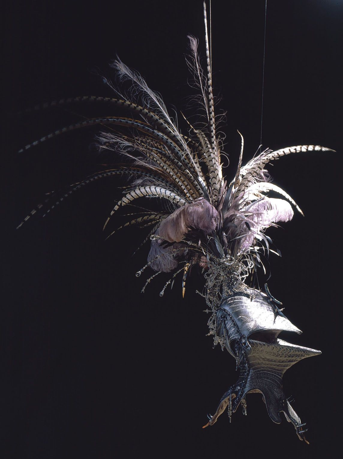 black embroidery with helmet and feathers by angelo filomeno