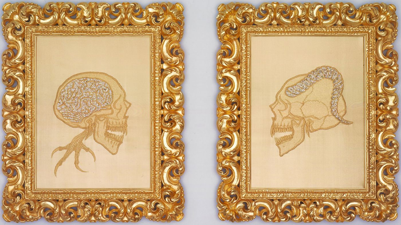 Diptych with two skeletons by Angelo Filomeno