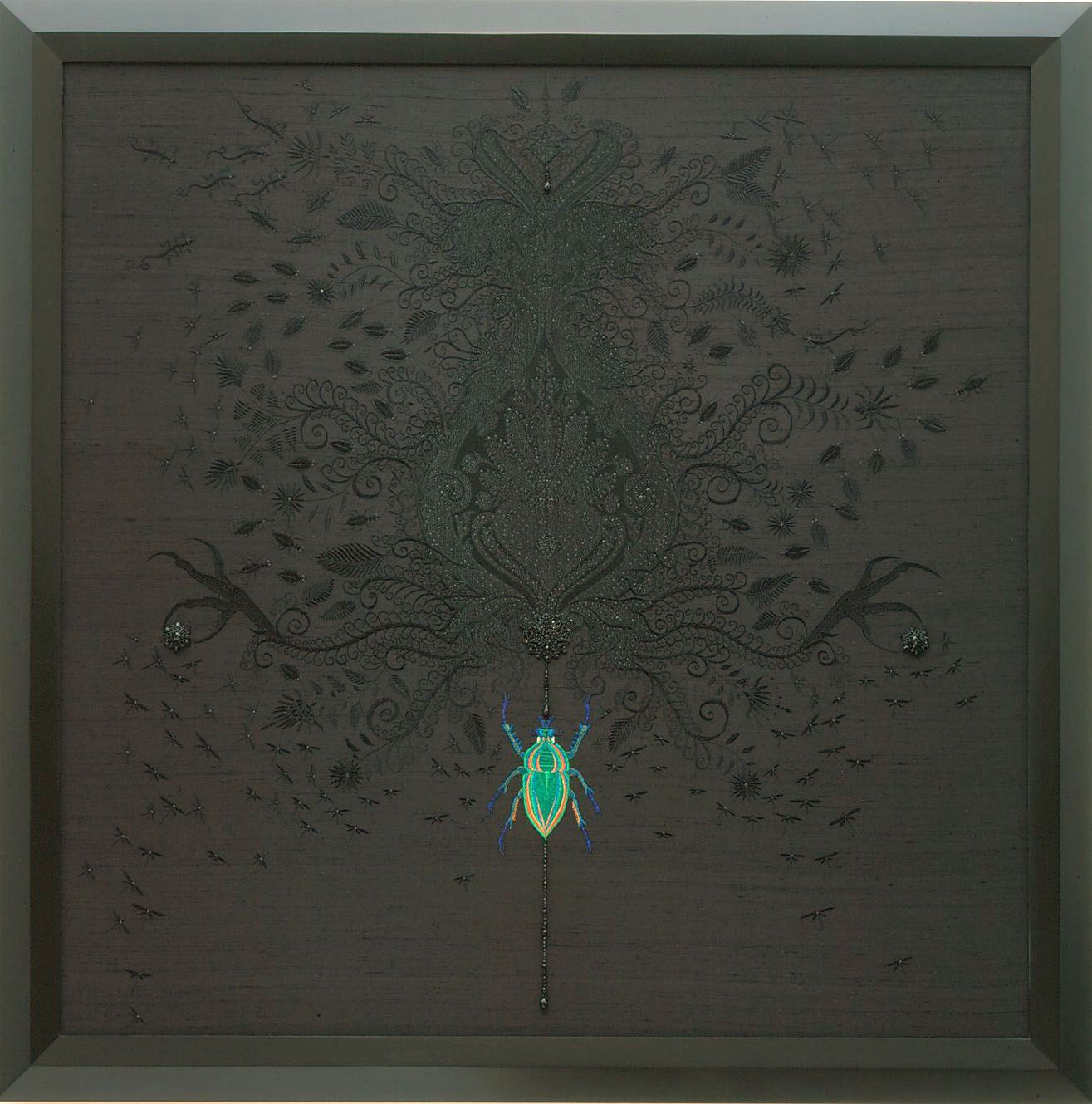 black painting with beetle by angelo filomeno