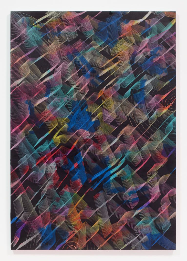 a bright colored acrylic painting by Julia Dault on view in a NEw York City art gallery