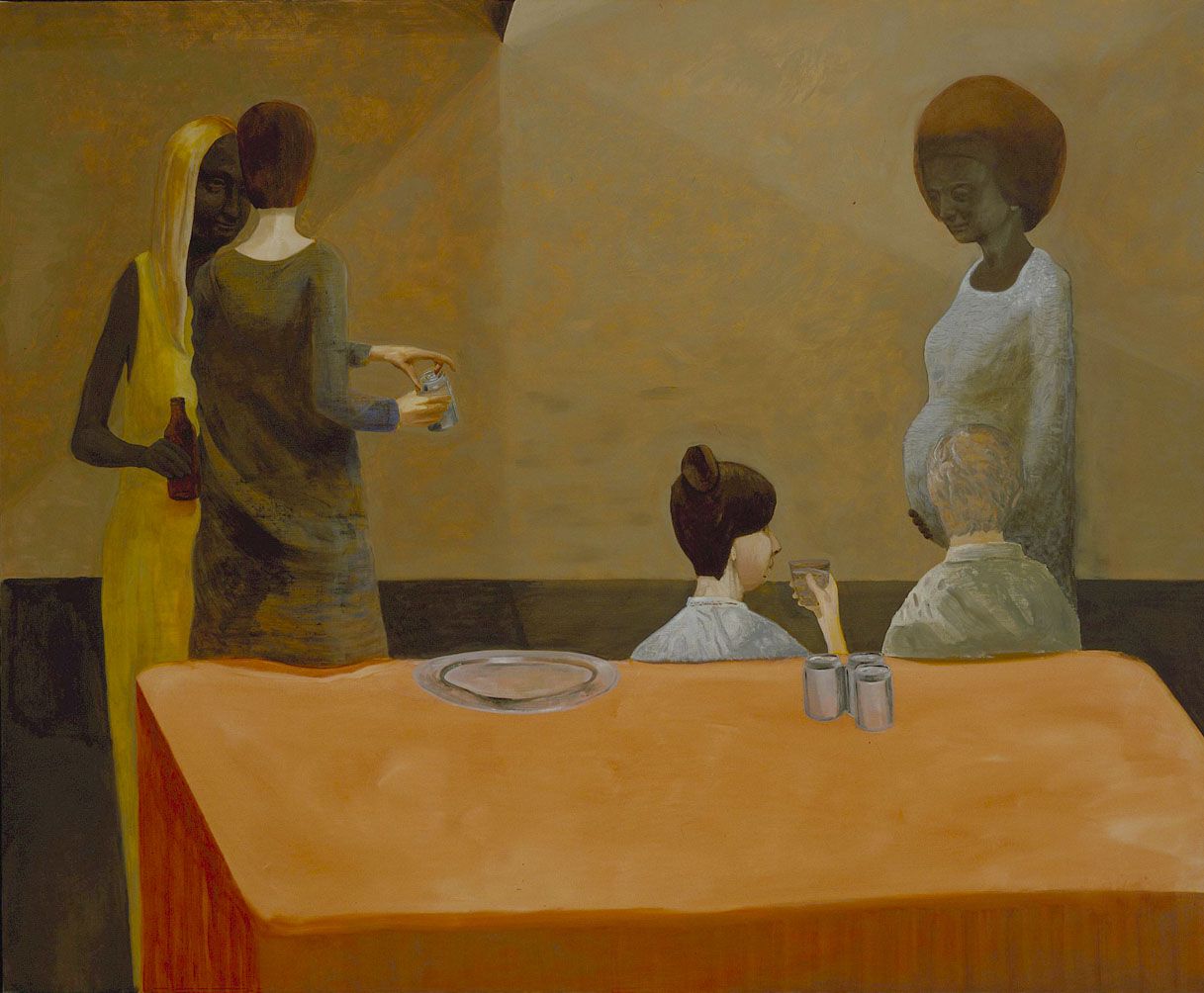 painting of four people sitting at a table with an orange tablecloth by jesse chapman