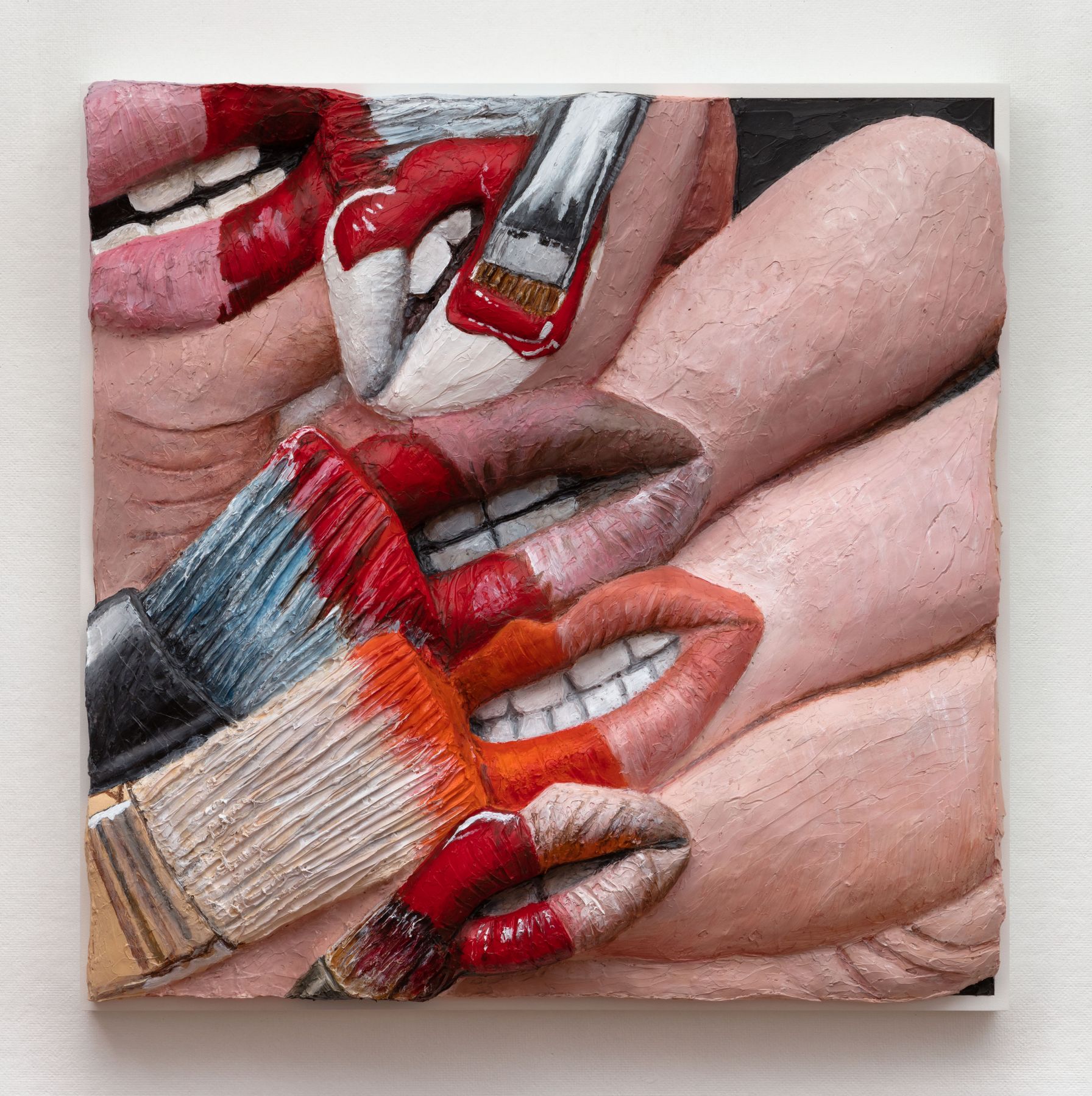 Extruded painting of paint brushes on nails which are lipsby Gina Beavers