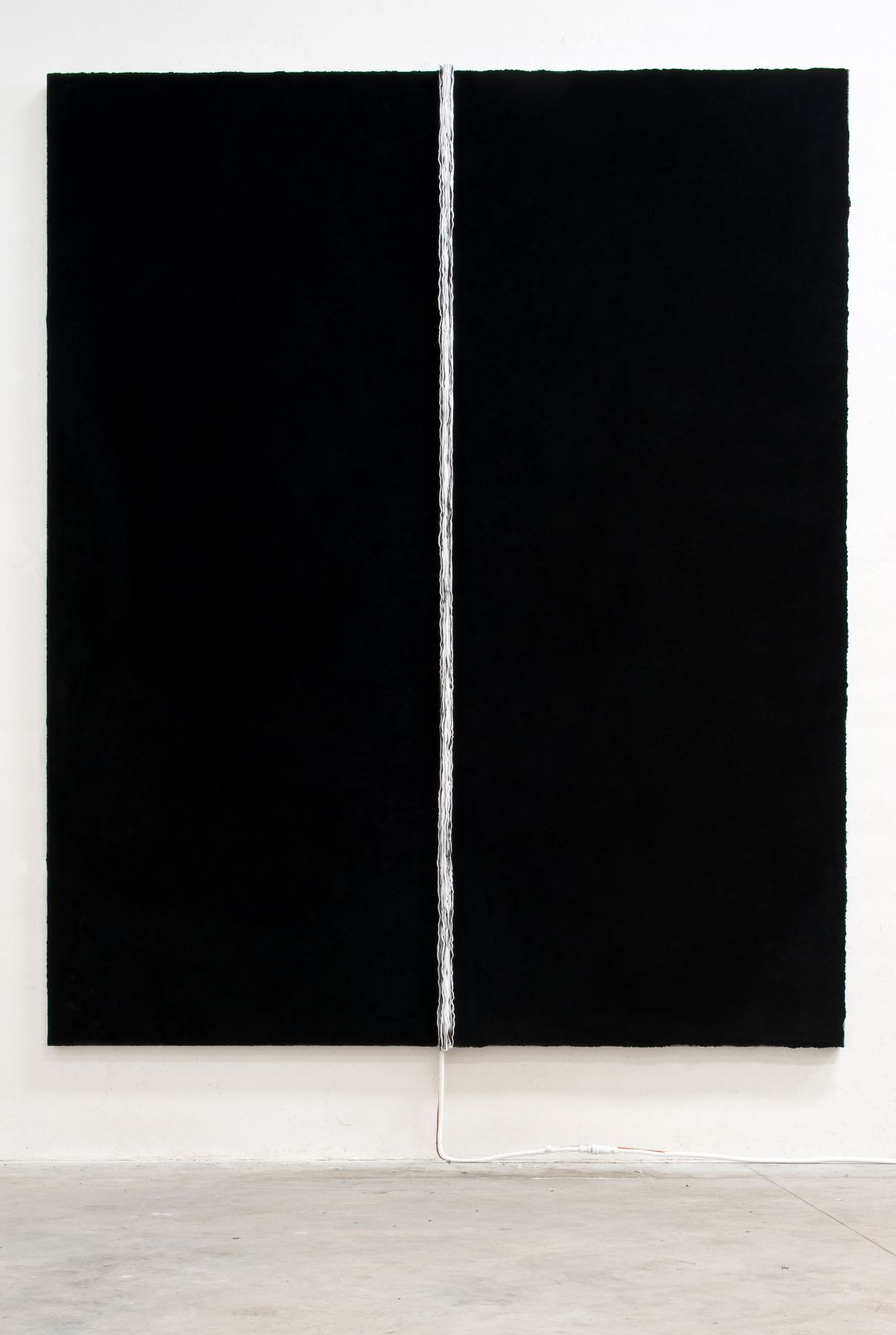 black painting with white stripe by pier paolo calzolari