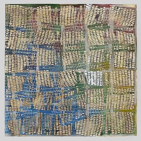 Square vision (blue, green, red, yellow, gold), 2011, Acrylic, spray paint, silver leaf and gold leaf on paper