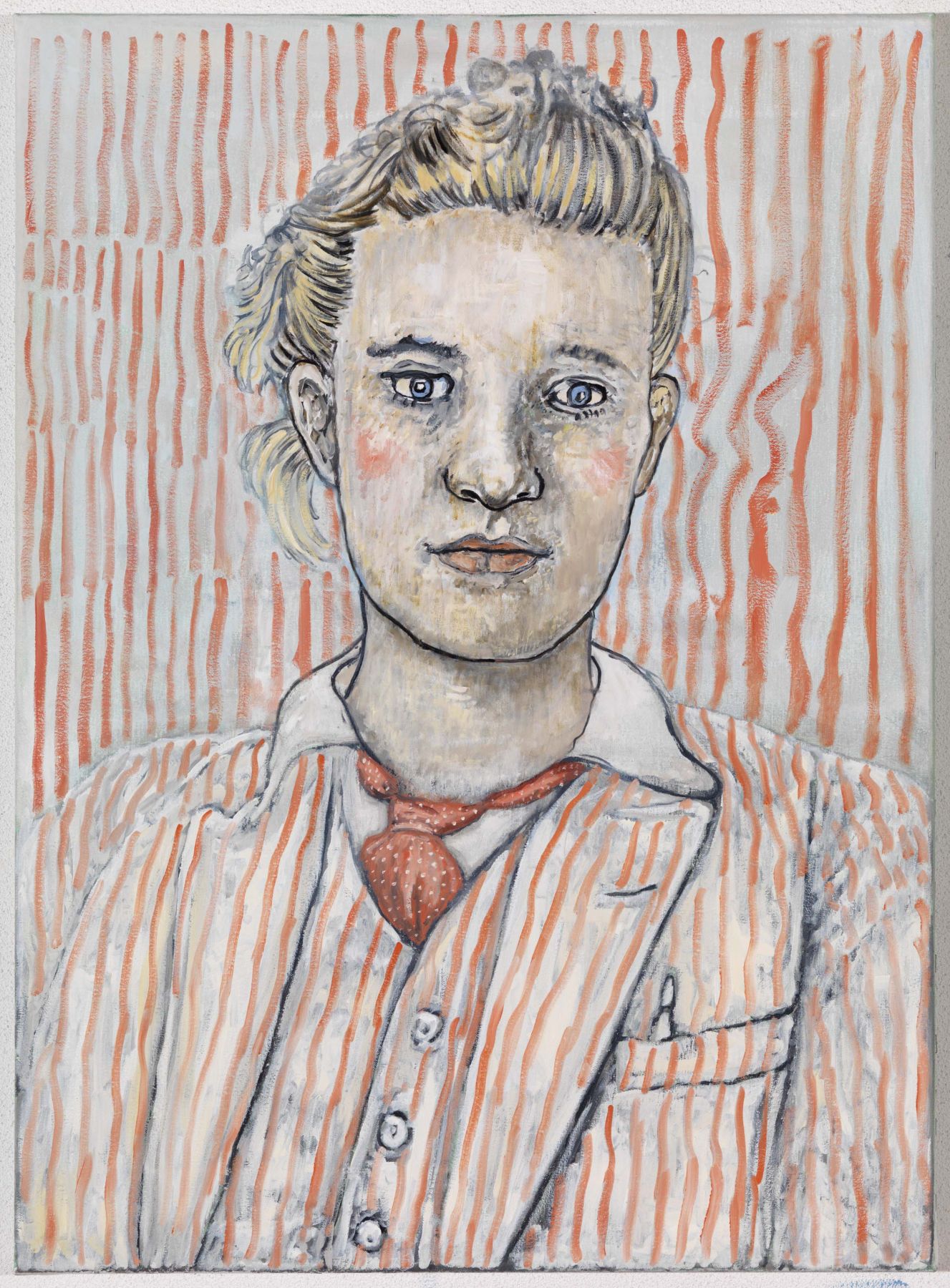 portrait of a woman in a pink striped suit by hannah van bart