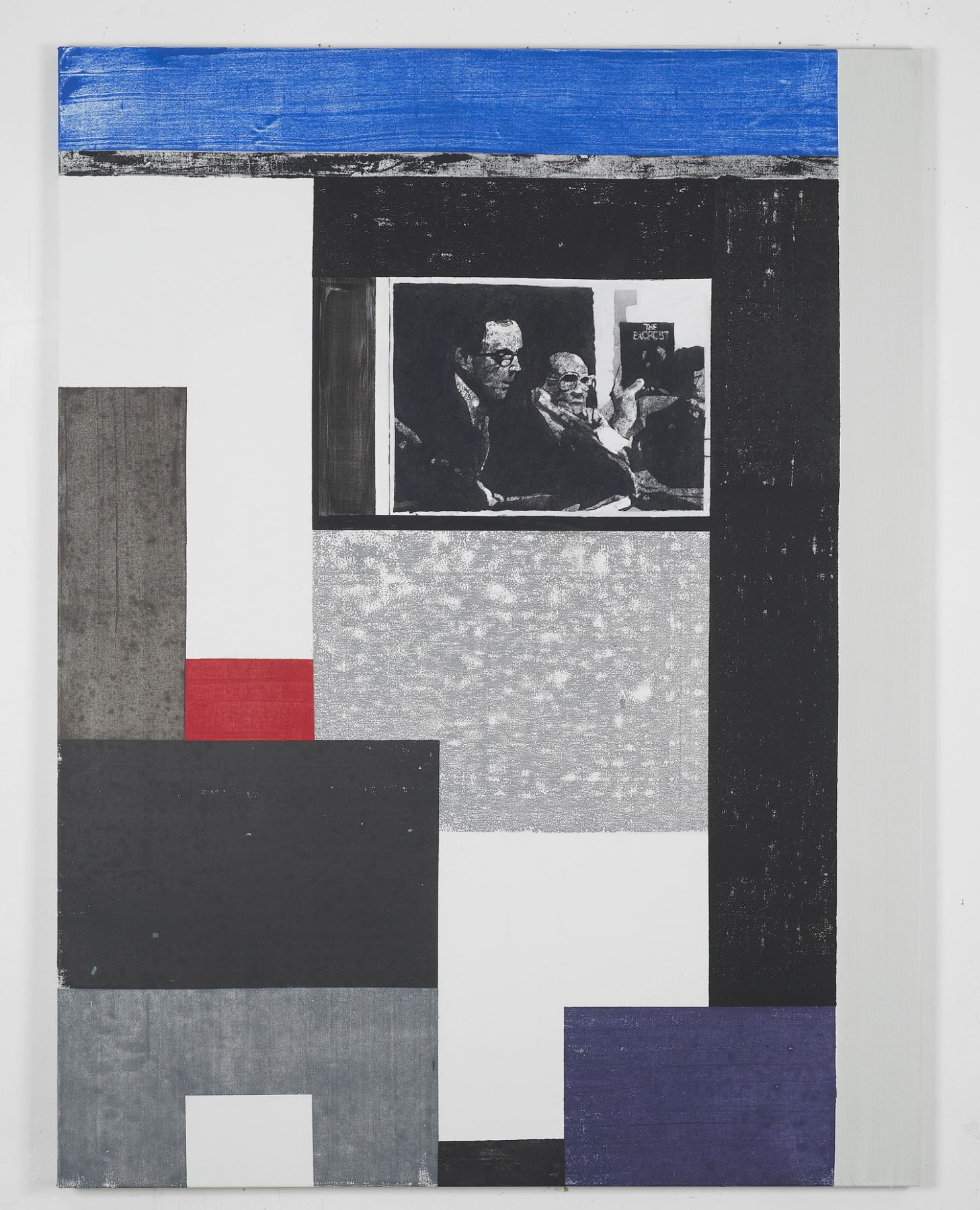 red, blue, black, and white grid painting by melissa gordon with photograph