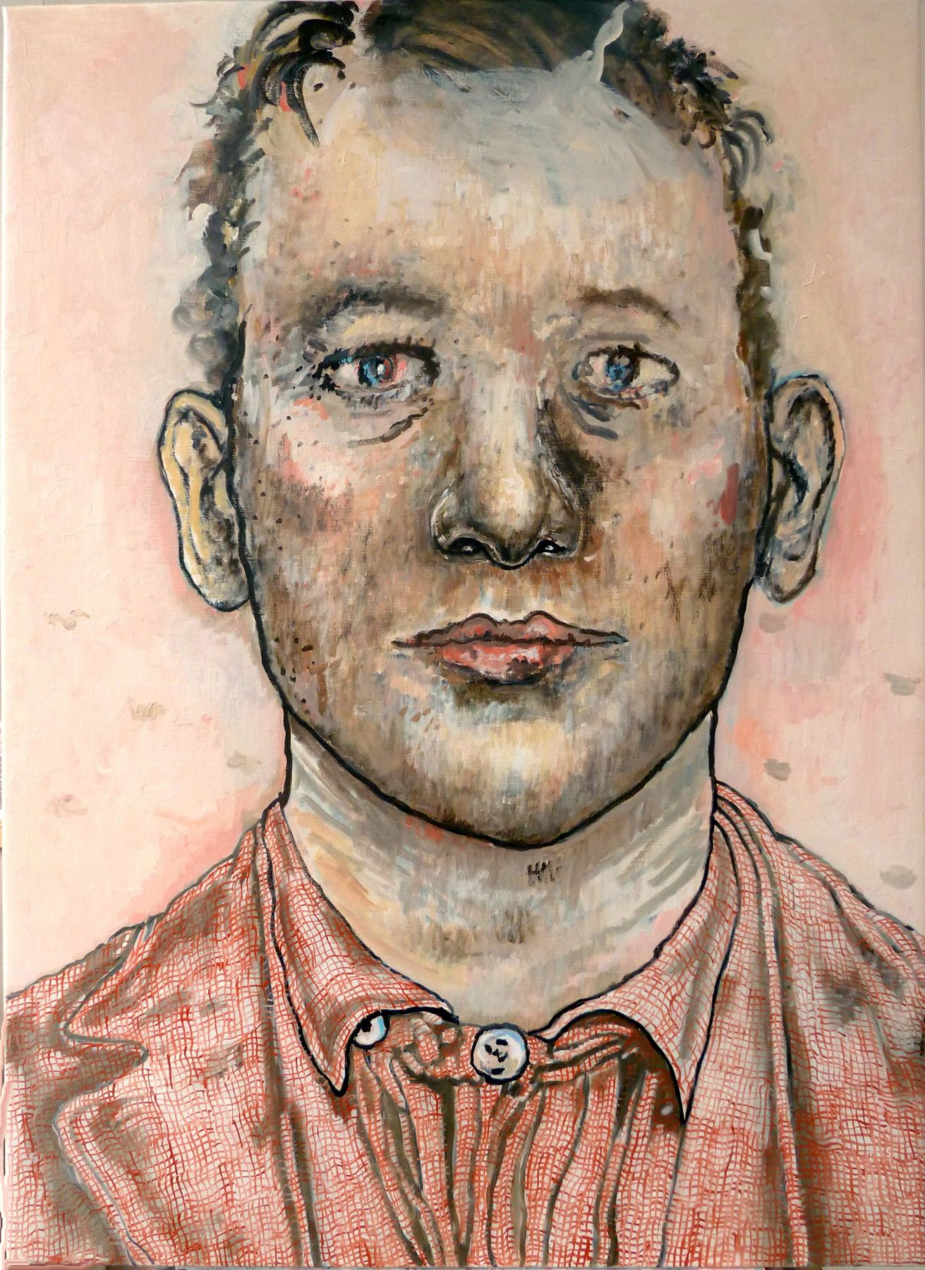 pink portrait of a man by hannah van bart