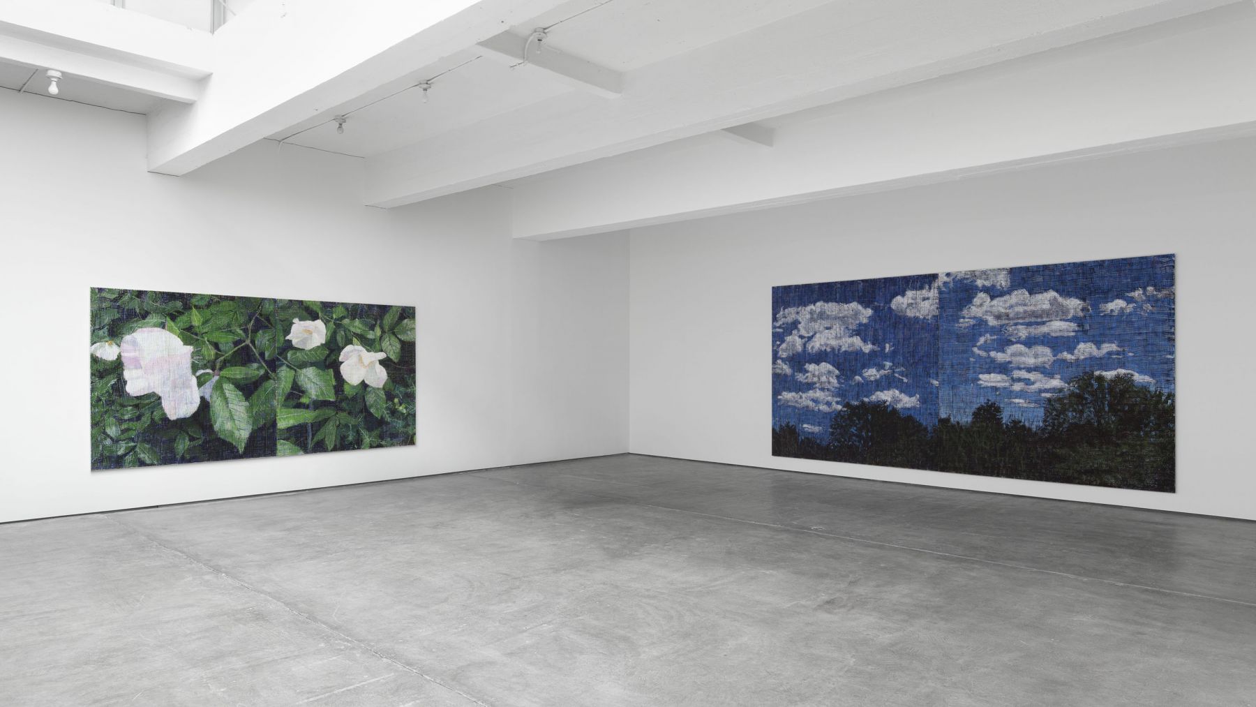 an installation view of an exhibition in a NYC gallery of the art of Jennifer Bartlett