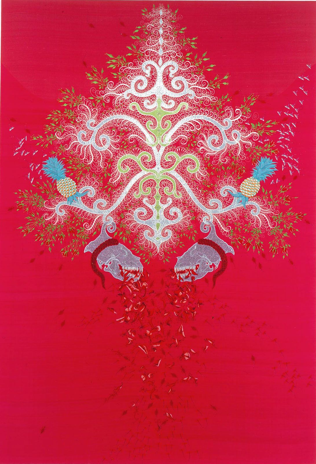 red embroidery with abstract designs by angelo filomeno