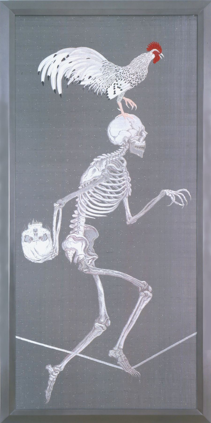 grey embroidery with chicken and skeleton by angelo filomeno