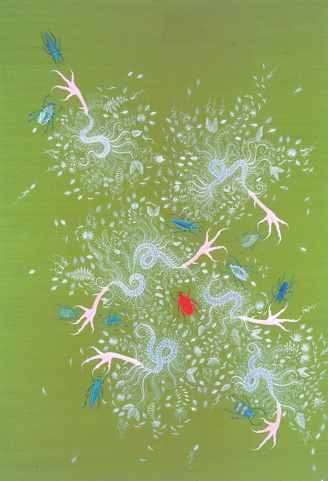 green embroidery with abstract designs by angelo filomeno