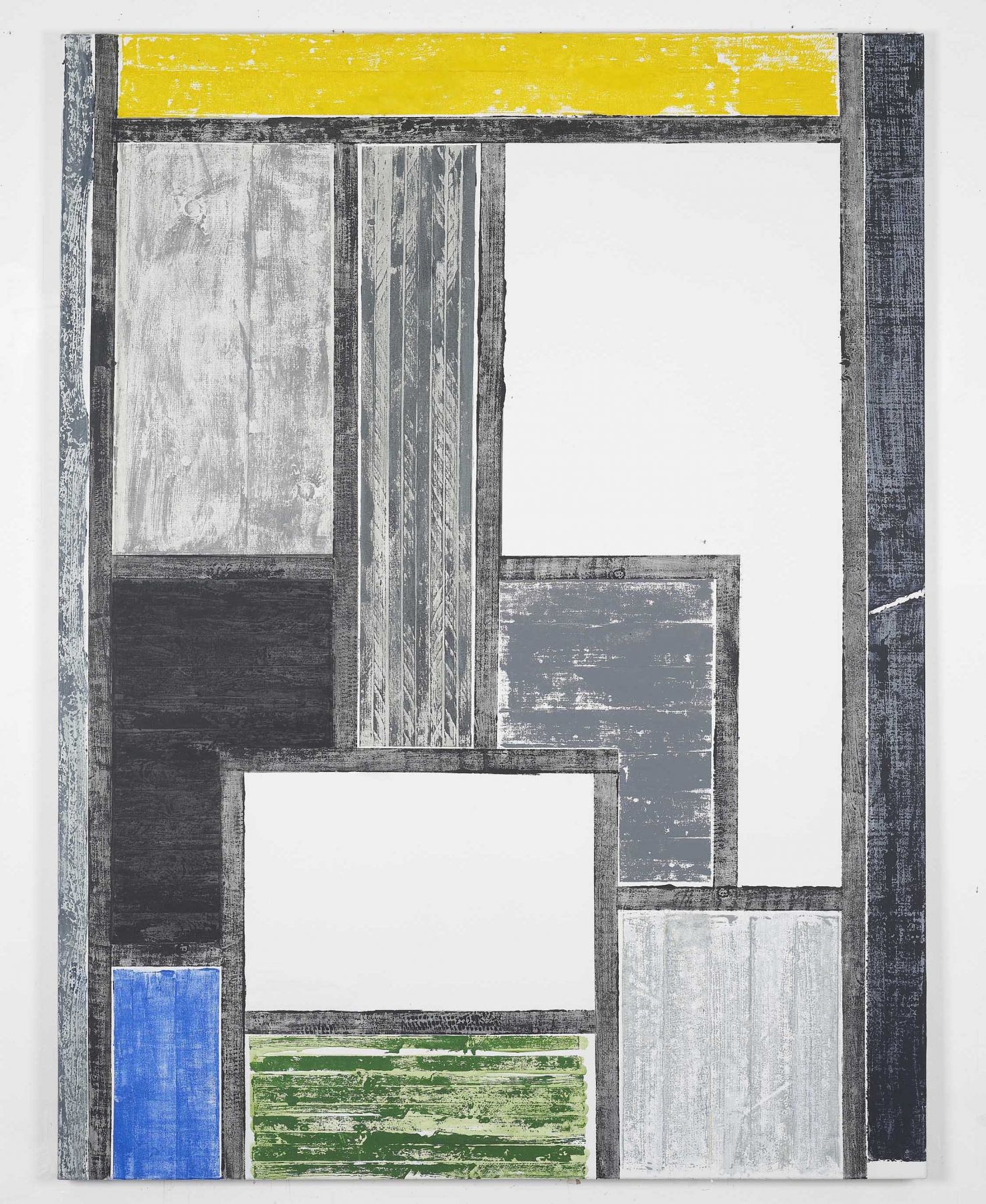 yellow, green, black, and white grid painting by melissa gordon